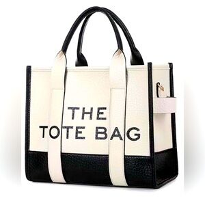 Structured Cream and Black Tote Bag with Bold Front Lettering